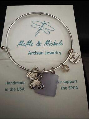 MeMe & Michele Silver Charm Bangle w/ Butterfly, Lavender Seaglass & crystal bd